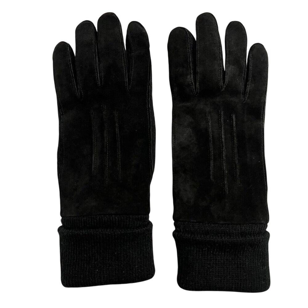 Vintage Aris Leather Suede Black Gloves Womens O/S Folded KNIT Cuff MCM Acrylic